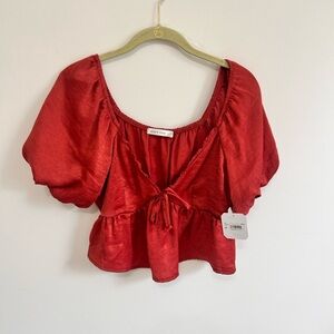 Altar'd State Red Puff Sleeve Tie Front Blouse
